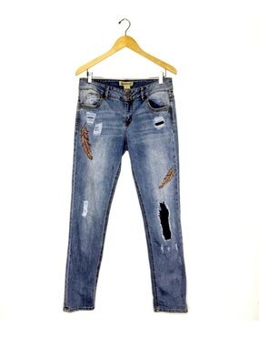Democracy Girlfriend Embroidered Feather Distressed Boho Blue Jeans Size 6